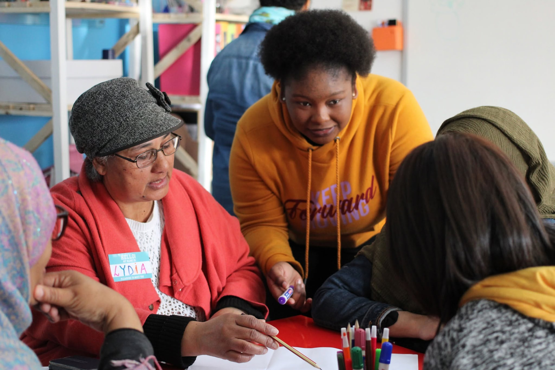 Participants collaborating with learning materials